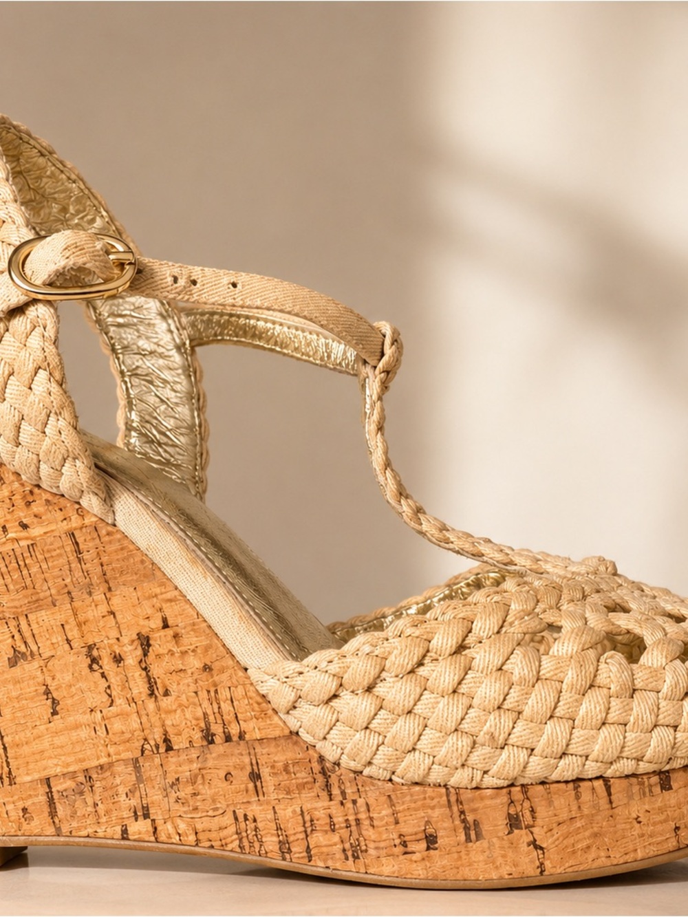 Adrianna Papell Braided Cork Wedge Sandals in Natural Gold